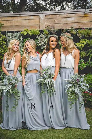 A Line Two Piece V Neck Sleeveless Floor Length Gray Chiffon Bridesmaid Dress