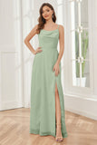 Spaghetti Straps Chiffon Long Bridesmaid Dresses with Slit