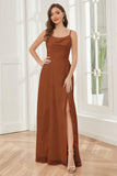 Spaghetti Straps Chiffon Long Bridesmaid Dresses with Slit