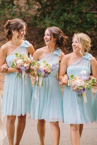 Light Blue One Shoulder Short Bridesmaid Dresses Chiffon Wedding Party Dress JS963