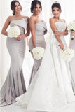 Strapless Silver Mermaid Elegant Long Sleeveless Prom Dresses Bridesmaid Dresses JS64