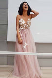 Elegant A-Line Spaghetti Straps Long Pearl Pink Appliques V Neck Backless Prom Dresses JS687