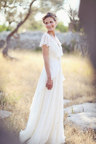 Elegant A-Line Ivory Flower Cap Sleeve V-Neck Chiffon Open Back Wedding Dresses