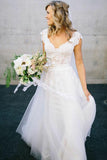 Elegant A-Line V Neck Cap Sleeves Tulle Appliques White Wedding Dresses with Lace