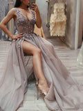 Charming A Line V Neck Open Back High Split Grey Lace Long Beads Long Prom Dresses JS213