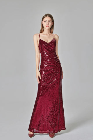 Affordable Simple Spaghetti Straps Long Burgundy Sparkly Prom Dresses