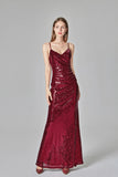 Affordable Simple Spaghetti Straps Long Burgundy Sparkly Prom Dresses