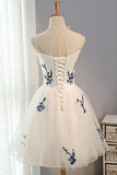 A Line Tulle Ivory Lace up Open Back Scoop Flowers Knee Length Homecoming Dresses JS46