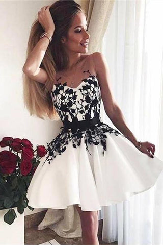 A-Line V-Neck White Sweetheart Satin Above Knee Homecoming Dress with Black Appliques JS668