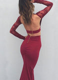 Burgundy Sexy Two Pieces Charming Backless Lace Long Sleeves Evening Dresses JS852