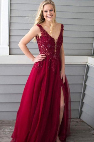 A Line Sleeveless Romantic Tulle V Neck Red Prom Dresses