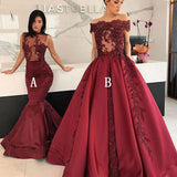 Burgundy Long Affordable Appliques Mermaid Lace Appliques Prom Dresses JS300