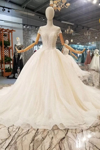 Luxury Wedding Dresses V-Neck Ball Gown Chapel Train