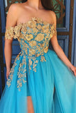 Elegant Off the Shoulder Blue Lace Prom Dresses with Gold Appliques Tulle Party Dresses SJS15187