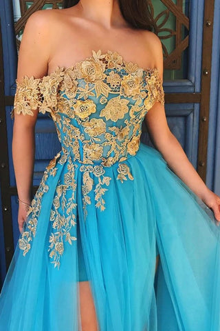 Elegant Off the Shoulder Blue Lace Prom Dresses with Gold Appliques Tulle Party Dresses SJS15187