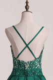 Prom Dresses Spaghetti Straps Satin With Beads A Line