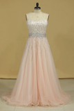 Prom Dresses Sweetheart Tulle With Beading And Rhinestones Sweep Train