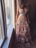 Deep V Neck Lace Applique A-line Prom Dresses, Beads Long Formal Dresses SJS15139