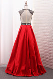 A-Line Scoop Satin Prom Dresses Tulle Bodice Black Sequins Floor-Length With Pocket