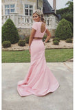 New Arrival 2 Piece Sweep Train Pearl Pink Prom Dress with Pearl Open Back JS600