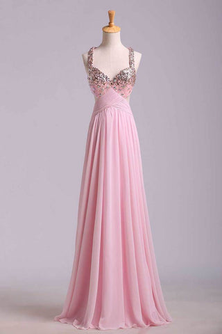 Halter Beaded Bust Twist Straps Back Chiffon Floor Length Prom Dress