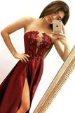 Elegant A line Strapless V Neck Burgundy Beads Prom Dresses with Slit, Party SJS15640