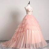 Princess Ball Gown Pink 3D Lace Multi-layered Prom Dresses, Tulle Quinceanera Dresses SJS15292