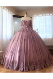 Ball Gown Off The Shoulder Tulle Quinceanera Dress With Lace Appliques Puffy Prom SJSP3HM7KB3