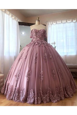 Ball Gown Off The Shoulder Tulle Quinceanera Dress With Lace Appliques Puffy Prom SJSP3HM7KB3