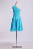 One Shoulder Bridesmaid Dresses A Line Knee Length Chiffon With Ruffle