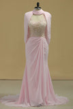 Hot High Neck Prom Dresses Beaded Bodice Chiffon Sweep Train