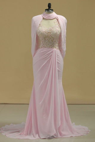 Hot High Neck Prom Dresses Beaded Bodice Chiffon Sweep Train