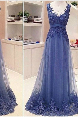 Prom Dresses A-Line V-Neck Floor-Length Tulle With Applique