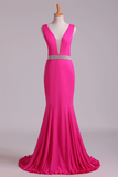 Prom Dresses Open Back Column V Neck Beaded Waistline Sweep Train