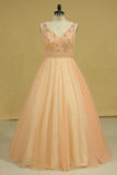 V Neck Beaded Bodice Floor Length Ball Gown Tulle Prom Dresses