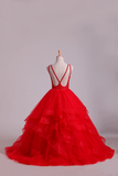 Red Scoop Ball Gown Tulle Floor Length With Beading