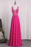 Prom Dresses A Line V Neck Beaded Bodice Chiffon Open Back