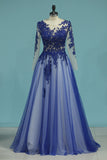 See-Through Prom Dresses Scoop Long Sleeves Tulle With Applique A Line