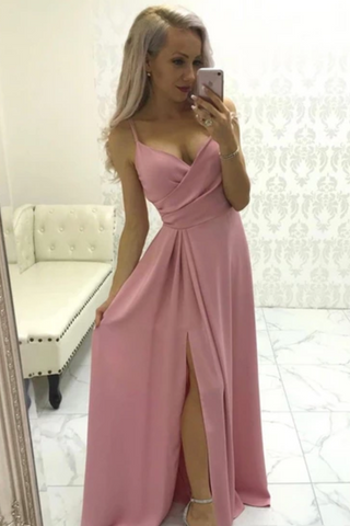 Simple Satin Evening Gown Spaghetti Straps Prom Dress With Pleats And High SJSPMRMS38T