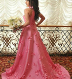 A-line Halter Light Plum Prom Dresses With Handmade Flowers, Open Back Evening Dresses SJS15050