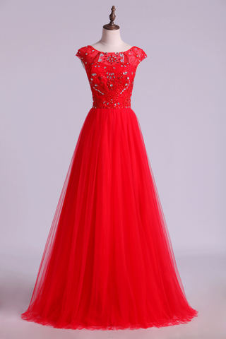 Prom Dresses A Line Scoop Long Tulle V Back Red