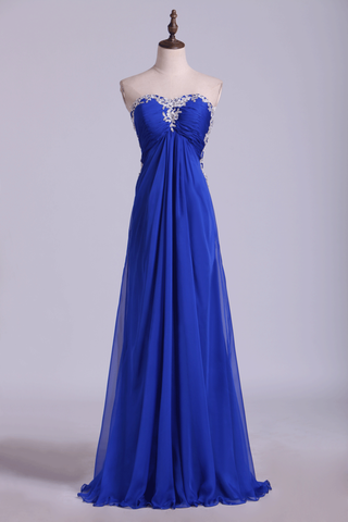 Open Back Prom Dress Sweetheart Dark Royal Blue Chiffon With Applique