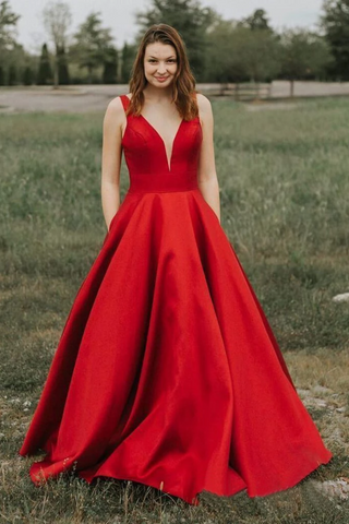 Simple A-Line V-Neck Satin Long Cheap Red Prom Dresses With Pocket