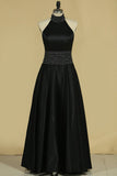 Satin Halter A Line With Rhinestones Floor Length Prom Dresses