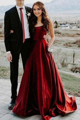 Elegant A Line Red Spaghetti Straps Satin Prom Dresses with Pockets, Evening SJS15638