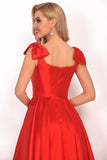 V-Neck Bubble Shoulder A-Line Satin Evening Dress Floor-Length