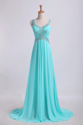 Open Back Halter Prom Dresses A Line Sweep Train Chiffon With Beads&Ruffles