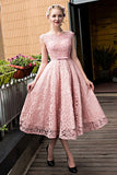 Bateau A-Line Lace Prom Dresses Tea Length With Applique And Belt