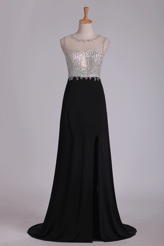 New Arrival Prom Dresses Scoop With Beading And Slit Spandex Sheath