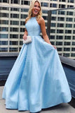 Elegant A Line Satin Jewel Pearls Blue Open Back Prom Evening Dresses With Pockets SJS15151